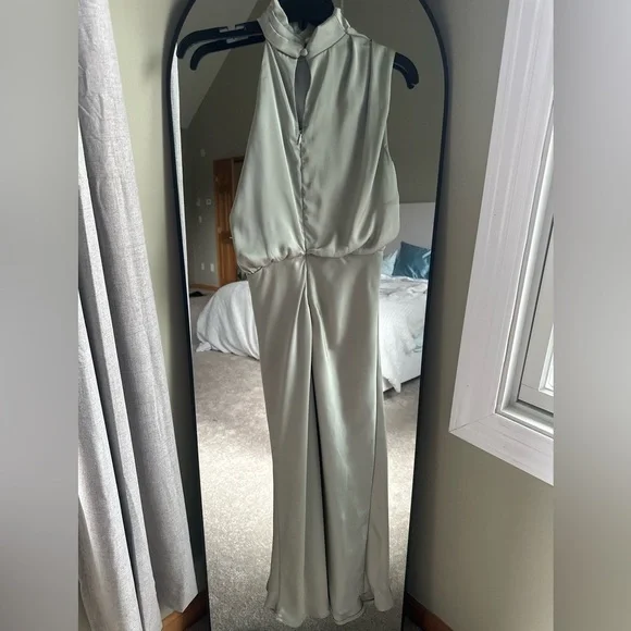 That's So Fetch Sage Green Satin Asymmetrical Neck  Midi Wedding Guest Dress - Picture 5 of 6